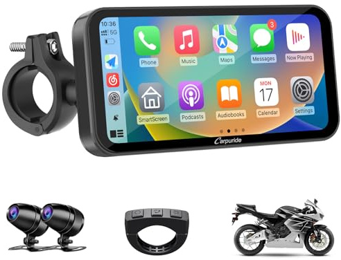 Carpuride W603D Motorcycle GPS Carplay Screen, Wireless CarPlay & Android Auto for Moto, with HD 1080P Dual Cameras, Remote Control，6.3 Waterproof Touchscreen, BT Aduio, Loop Recording, Navigation