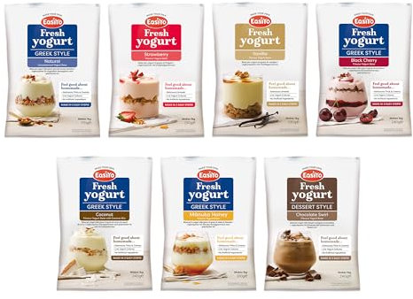 EasiYo Yogurt 7 Sachet Pack | EasiYo Mixed Pack | 1x Vanilla 1 x Strawberry 1 x G/S Natural 1 x G/S Coconut & bits 1 x G/S Black Cherry 1 x Chocolate 1x Manuka Honey | Each Sachet Makes 1kg of Yogurt