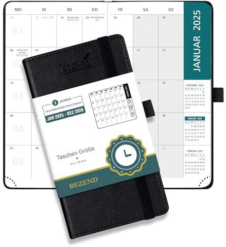 BEZEND 2 Jahres Kalender 2025 2026, Terminplaner 16,8 x 9,7 cm, 1 Monat auf 2 seiten von Jan 2025 bis Dez 2026, PU-Leder Hardcover Monatsplaner mit Innentasche - Schwarz