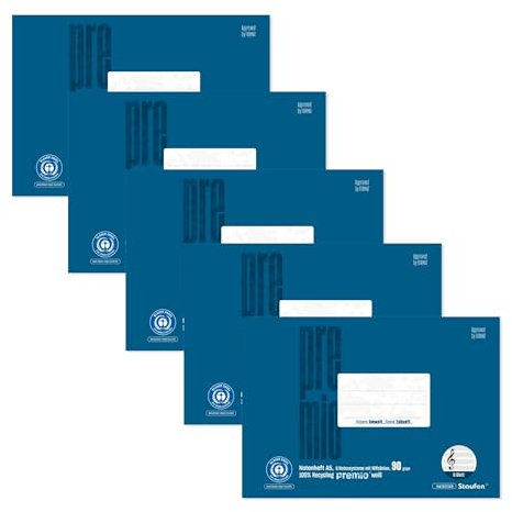 Staufen premio Notenheft - 5 Musikhefte je 8 Blatt, Lin NH, DIN A5 quer, 90 g/m², 6 Notensysteme und Hilfslinien
