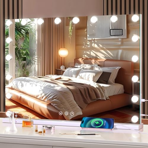 halumao Hollywood - Espejo de tocador con luces, 80 x 60 cm, espejo de maquillaje grande iluminado con 18 bombillas regulables, 3 modos de color, enchufe adaptador, espejo de mesa o pared para