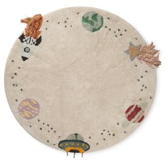 Lorena Canals Alfombra Infantil Lavable de algodón Viaje Interestelar 140 Ø cm, Beige - Alfombra Algodon Lavable - Alfombras Infantiles habitacion - Alfombras Redondas - Alfombra Bebe Beige