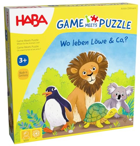 HABA Game Meets Puzzle Où Vivre Lion & Co.? Jeu de dés & Puzzle dans Un 4 Puzzles avec 4 Grandes Figurines d'animaux en Bois à partir de 3 Ans 2011724001