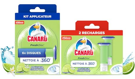 Canard WC Fresh Disc Fraîcheur Citron Vert - Nettoie à 360° - Nouvel Emballage 100% Carton - 1 Applicateur + 3 Recharges