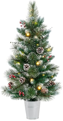 COSTWAY 90 cm künstlicher Weihnachtsbaum mit Beleuchtung, Kleiner Tannenbaum im Topf, Tisch-Weihnachtsbaum mit 20 warmweißen LED-Lichtern, 8 Modi, Timer, Beeren und Tannenzapfen für Weihnachtsdeko