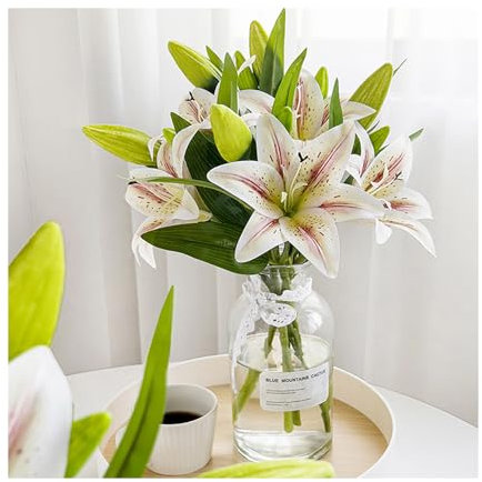 MUSHUI Lot de 21 têtes de lys artificiels avec 14 fleurs + 7 bourgeons, tige courte, fausses fleurs pour bureau, mariage, décoration de salon, célébration, arrangements floraux, bouquet, décoration