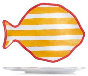 H&H – Set de 6 assiettes en mélamine en forme de poisson – 28 cm – Décor rayé jaune, blanc et bord rouge – Style marin, résistantes, lavables en lave-vaisselle