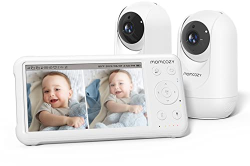 momcozy BM01 Baby Monitor Video con 2 Telecamere, 5 1080P HD Split-Screen, Batteria 5000mAh, No WiFi,Visione Notturna, Audio Bidirezionale, VOX, 300m, Idea Regalo Nascita per Gemelli