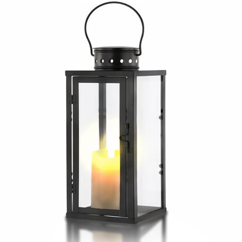 Kongming Lanterna per esterni, in metallo e vetro, resistente alle intemperie, colore nero, portacandele, lanterna decorativa per giardino e cimitero (grande: 13 x 13 x 35 cm)