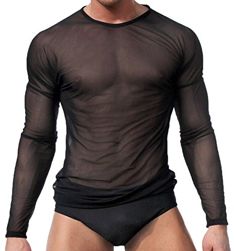 sandbank Men's Sexy Underwear T-Shirt Long Sleeve Mesh Sheer Top Undershirt Nightwear (L, Black)