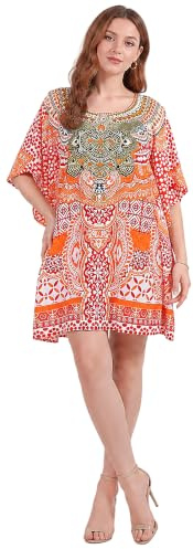 Miss Lavish London Vestido caftán corto para mujer, talla grande, color caftán, para verano, crucero, vacaciones, natación, salida de baño, 158-rojo, XL