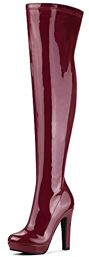 Allegra K Botas Altas hasta la Rodilla Gruesas con Plataforma de Charol para Mujer borgoña 36