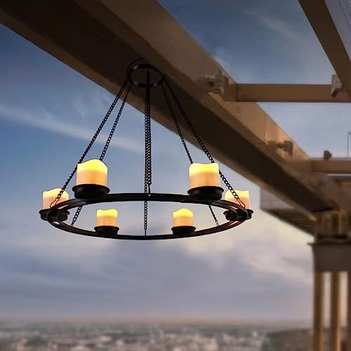 Outdoor Chandelier Solar, Hanging Candle Lantern with 7pcs Solar-Powered Votive Lights in Matt Black Metal Holders for Home, Garden, Backyard, Pergola, Gazebo, Tree, Window