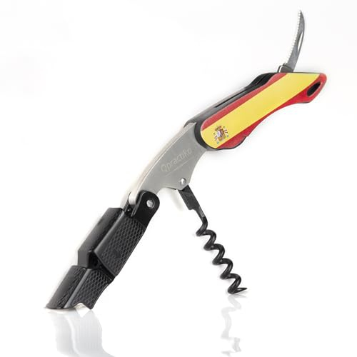 Qpractiko - Cavatappi Professionale a 2 Tempi | Bandiera Spagna | Acciaio Inossidabile e Plastica | Apertura Facile | Cavatappi Vino Acciaio | Taglia Capsule Vino, Nero, Plastica Acciaio