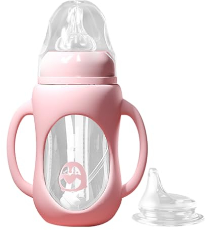 EACHPT 2 in 1 Glass Baby Bottle & Sippy Cup 240ml Baby Milk Bottle, BPA Free, Anti Colic Baby Bottles with Duckbill Straw,for Newbown Babies 1 Month+