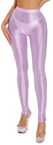 HULIJA Damen Nylon Legginsg Glänzend Hose Dessous High Waist Tanzleggings Unterleggings Pantyhose Training Fitness Violett M