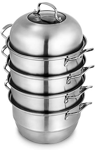 VEVOR Vaporiera 28cm in Acciaio Inox 304 Pentola a Vapore 5 Piani Con Coperchio Set di Pentola Vapore per Pesce Baozi Verdure Carne, Set di Pentola a Vapore 5 Ripiani in Acciaio Inox 304 per Dolci