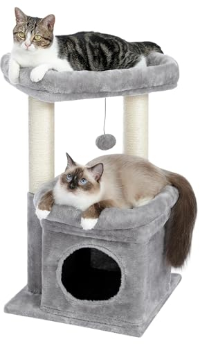 PAWZ Road Small Cat Tree, Multi-Level Cat Tower with Sisal-Covered Scratching Post, Cozy Condo and Top Perch for Indoor Cats, Applicable to Summer, Grey