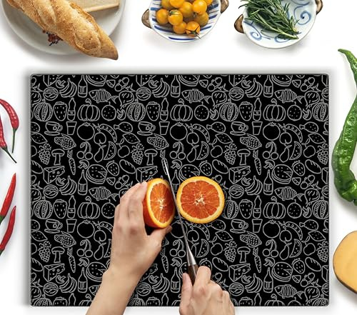 Kitchenville Glass Chopping Board 50x40 cm: Tempered Glass Worktop Savers for Kitchens, Durable, Scratch-Resistant, Heat-Proof - Black Design