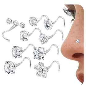 LOLIAS 9 Stück 20G Silber Nasenpiercing Stecker L-Förmige Schraube Nostril Piercing Gold 316L Chirurgenstahl CZ Schmuck Set für Damen und Herren