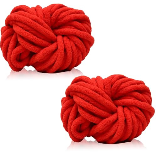 Duscdesp 2 Pack Chunky Yarn for Hand Knitting,240g Super ChunkyYarn for Crochet,Thick Wool Yarn,Chenille Chunky Blanket Yarn for Hats Scarf Blankets Cushion Cat Bed(Red)