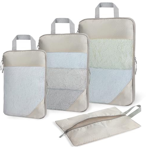 ZGTS Set di 3 cubi da imballaggio a compressione, con borse per scarpe, per valigie, espandibili, organizer da viaggio per bagagli, organizer per imballaggio in rete trasparente, per oggetti