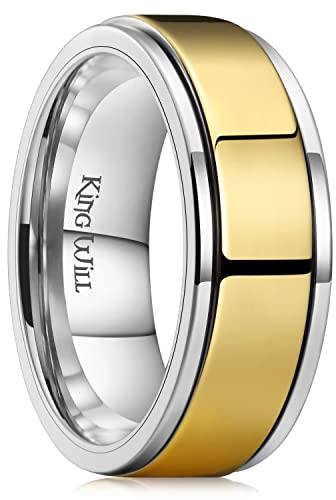 King Will 8mm Silver & Gold Stainless Steel Spinner Ring Relieving Stress Ring For Men Women Stress Anxiety Relief Ring Fidget Ring For Unisex Adults Polished Comfort Fit U 1/2 (10.5)