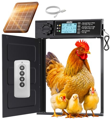 Puerta Gallinero Automatica Solar - Pro Version - Puerta Automatica Gallinero con Mando a Distancia, Sensor de luz y Temporizador - Seguridad: Función Anti-pellizco - Pantalla LCD - 5 años protección