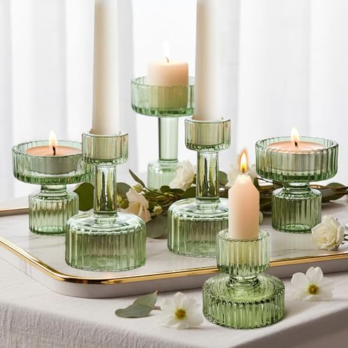 Joeyan Portavelas de Cristal Verde,Juego de 6 Portavelas Cónicos Acanalados para Velas de Té,Candelabro para Centros de Mesa, Bodas, Fiestas y Decoración del Hogar, Moderno Candle Holder, Idea Regalo