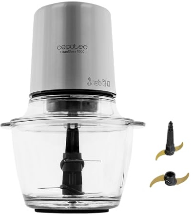 Cecotec Picadora Eléctrica TitanGlass 1000 Spatula. 500W, 4 Cuchillas Titanio, Pica, Trocea y Corta, ControlSpeed, Bol Cristal 1L, 2 Velocidades, Botón Pulso, Tapa a Presión, Regulable, Lavavajillas