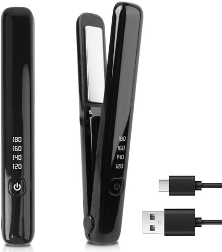 Plancha Pelo Mini 2 in 1, Plancha Mini de Pelo para Bolso y Viaje 2 en 1 Plancha y Rizador Sin Cable Rizador de Cabello de Doble Uso con carga USB-C Plancha de Viaje Portátil para Rizar (Negro)