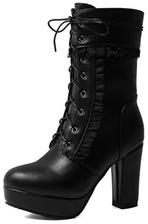 Eestfy Stivali Donna Lolita con Platform Tacco Alto Volant Lacci Tacco Largo Cerniera Laterale Stile Sweet Punk per Streetwear Autunno Inverno,Nero,37 EU