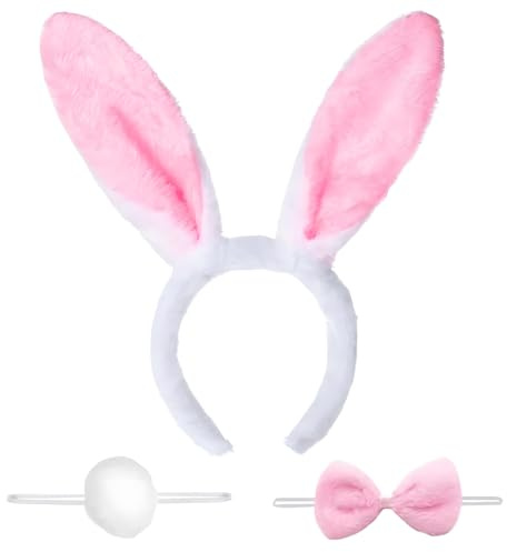 FHRYNA Conjunto de disfraz de conejo, diadema de orejas de conejo de peluche con pajarita y cola, accesorio de cosplay para niños y adultos, Pascua, Halloween (rosa)