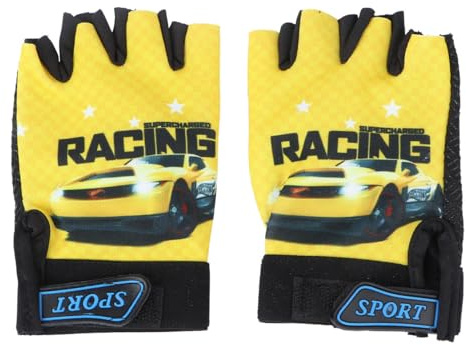 Kichvoe Guantes de Ciclismo Niñas de Medio Dedo Amarillos Diseño de Coche, Antiadherentes y Resistentes al Agua para Actividades Deportivas al Aire Libre
