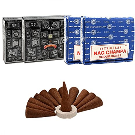 Surtido de conos de incienso Nag Champa + Super Hit. Lote de 4 cajas de 12 conos de la marca Satya Sai Baba.