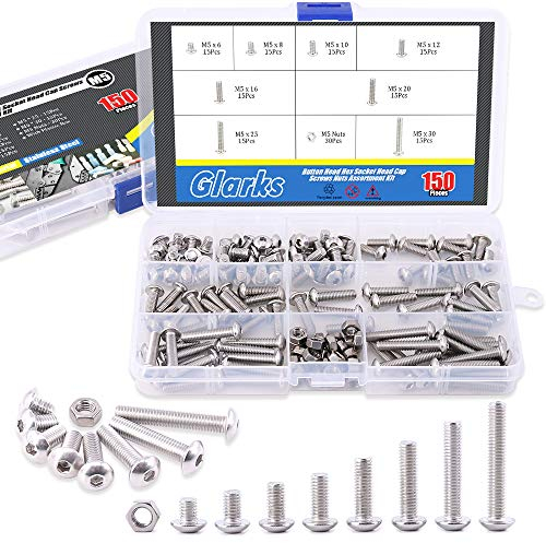 Glarks - Juego de 150 tornillos de cabeza hexagonal de acero inoxidable M5