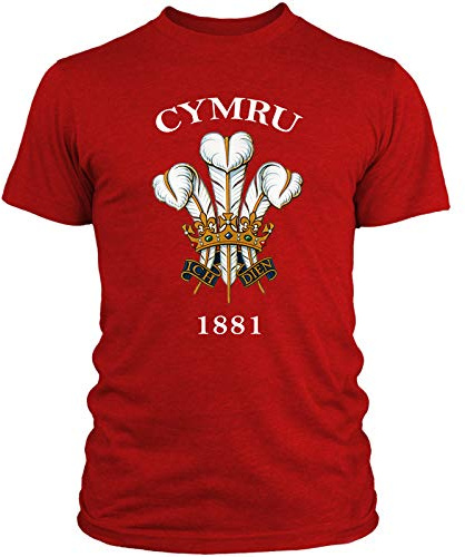 Cymru - Camiseta de rugby retro galés con diseño de escudo de rugby de tres plumas, color rojo, rosso, L