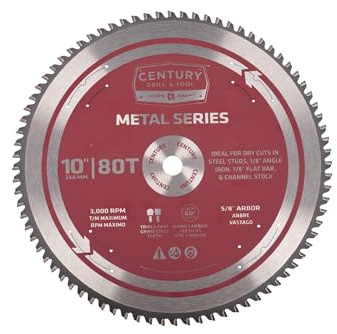 Century Drill & Tool 10210 10 80T Metal Cutting Saw Blade, Nitro Carbide Teeth, No Burr Cuts, Thin Kerf, Long Life, Anti-Kickback Safety