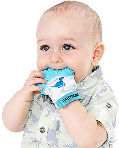 BabyNoms Teething Mitten | The Original Paw Safe Silicone Toys or Ring Provides Self-Soothing Relief Dino Blue Teether