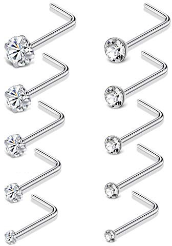 Tornito 20G 10Pcs Stainless Steel L Shaped Nose Studs Rings CZ Nose Ring Labret Nose Piercing Jewelry for Men Women Silver Tone 1.5mm-2mm-2.5mm-3mm-3.5mm CZ