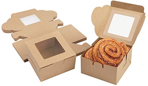 Belle Vous Braune Kraftpapier Geschenkboxen für Gebäck mit Sichtfenster (50Stk) – 10,16x10,16x5,7cm Karton Box Verpackung – Cupcake Schachtel Einweg Pappschachtel für Kekse, Kuchen, Dessert, Geschenke
