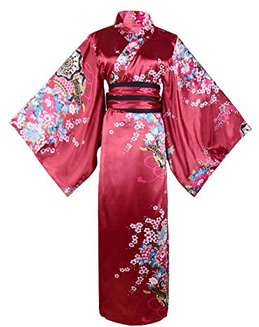 Women's Kimono Costume Adult Japanese Geisha Yukata Sweet Floral Patten Gown Blossom Satin Bathrobe Sleepwear with OBI Belt (30-Long Wine Red)