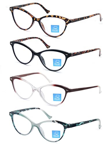 HEEYYOK 4Pack Reading Glasses for Women +1.75 Blue Light Blocking Cat Eye Ladies Readers Glsses Flexible Spring Hinge