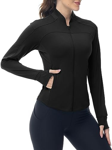 YSENTO Damen Sportjacke Laufjacke Funktionsjacke Wanderjacke Leicht Langarm Yoga Gym Sport Oberteil Atmungsaktive mit Daumenloch(Schwarz,S)