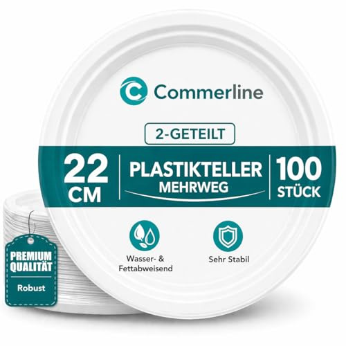 Commerline Plasttallrikar | 500 Stycken 2-delad | Återanvändbara Ø 22 cm Plasttallrikar | Partytallrik Partytjänst Plastbordstallrikar Diskmaskinssäkra