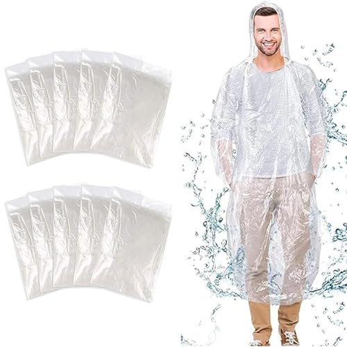 Puedno 10 Stück Durchsichtig Regenponcho, Einweg Regenponcho Damen Herren, Regen Poncho mit Kapuze und Elastische Manschette, Wasserdicht Regencape Transparent