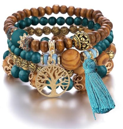 LICHUANUK Boho 4 Stück Armbänder Holzperlen Quaste Armband, Chakra Armband für Frauen, Natürliches Kristall heilsteine armband, Frauen Baum des Lebens Charm Statement Armreifen, Pfauenblau