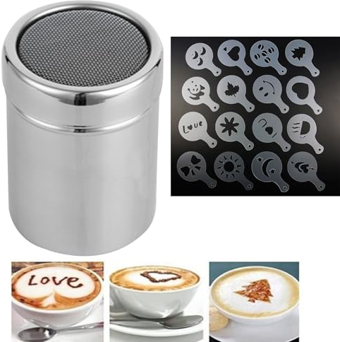 Acciaio Inossidabile Spargi Cacao in Polvere, Spargi Zucchero a Velo, Spandicacao in Acciaio Inox con 16 Stencil per Caffè, Cioccolata Calda Stencil, per Cottura, Casa, Ristorante