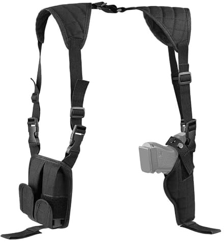 Holster d'épaule, Holster d'arme Vertical Réglable, étui Gauche/Droite sous Le Bras avec Double Pochette Magazines pour Chargeur pour Transport Dissimulé d'armes à Feu