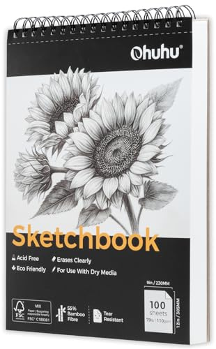 Ohuhu A4 Skizzenbuch aus Bambusfaser, 100 Blatt (200 Seiten) - Abriebfest & Radierfreundlich, Spiralbindung oben, 110 g/m² säurefrei, Zeichenblock für Bleistift, Buntstift, Kohle, 23×30 cm